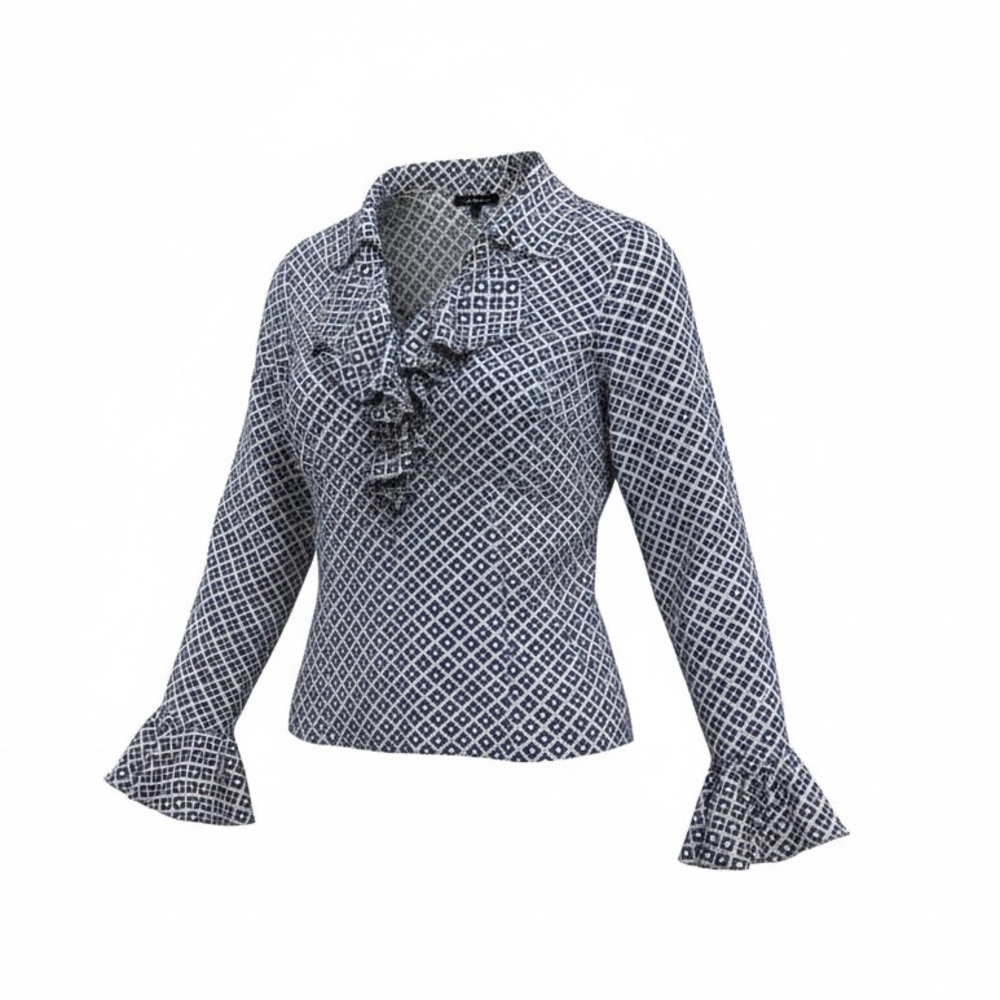 Anne Klein Navy and White Printed Ruffle Front Blouse